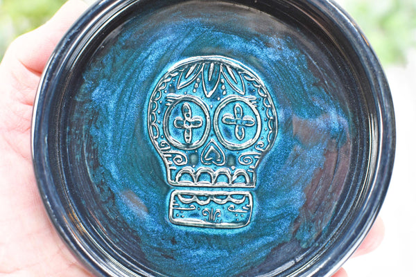 Sugar Skull Spoon Rest Ceramic Bronze Handmade Stoneware Pottery Large Stovetop Counter Coffee Bar Day of The Dead Kitchen Dining Goth Decor