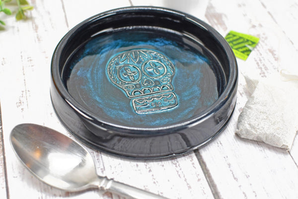 Sugar Skull Spoon Rest Ceramic Bronze Handmade Stoneware Pottery Large Stovetop Counter Coffee Bar Day of The Dead Kitchen Dining Goth Decor