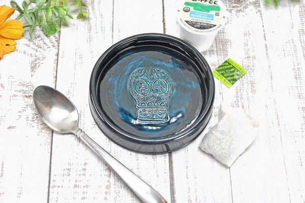 Sugar Skull Spoon Rest Ceramic Bronze Handmade Stoneware Pottery Large Stovetop Counter Coffee Bar Day of The Dead Kitchen Dining Goth Decor