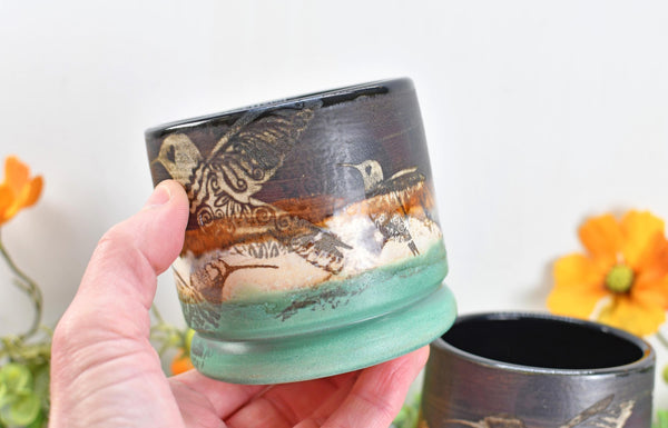 Hummingbird Bronze Tan Whiskey Bourbon Cup, Pottery Anniversary Handmade Ceramic Tumbler Bar Wine Gift, Black, Green, Bird Lover, per Each