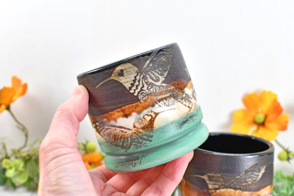 Hummingbird Bronze Tan Whiskey Bourbon Cup, Pottery Anniversary Handmade Ceramic Tumbler Bar Wine Gift, Black, Green, Bird Lover, per Each