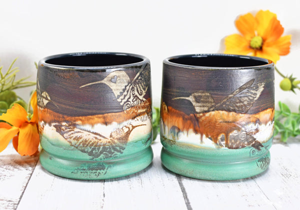 Hummingbird Bronze Tan Whiskey Bourbon Cup, Pottery Anniversary Handmade Ceramic Tumbler Bar Wine Gift, Black, Green, Bird Lover, per Each