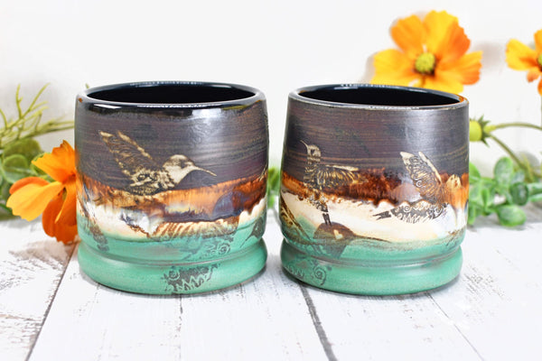 Hummingbird Bronze Tan Whiskey Bourbon Cup, Pottery Anniversary Handmade Ceramic Tumbler Bar Wine Gift, Black, Green, Bird Lover, per Each
