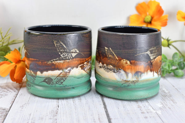 Hummingbird Bronze Tan Whiskey Bourbon Cup, Pottery Anniversary Handmade Ceramic Tumbler Bar Wine Gift, Black, Green, Bird Lover, per Each