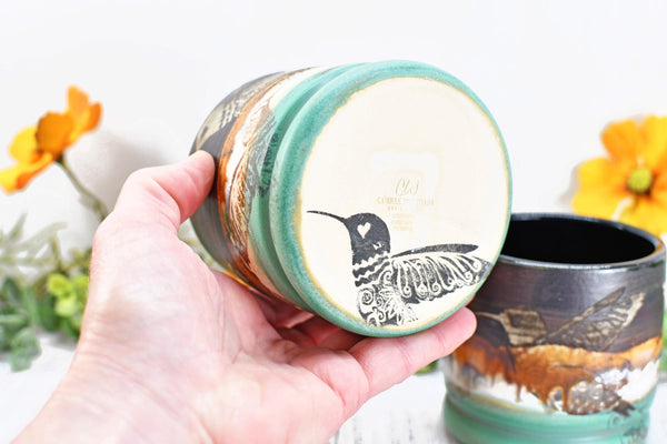 Hummingbird Bronze Tan Whiskey Bourbon Cup, Pottery Anniversary Handmade Ceramic Tumbler Bar Wine Gift, Black, Green, Bird Lover, per Each