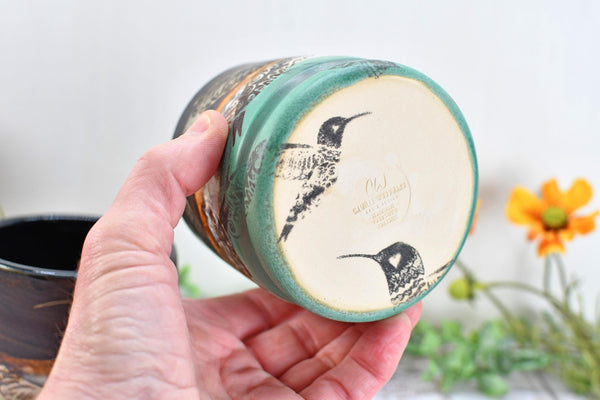 Hummingbird Bronze Tan Whiskey Bourbon Cup, Pottery Anniversary Handmade Ceramic Tumbler Bar Wine Gift, Black, Green, Bird Lover, per Each