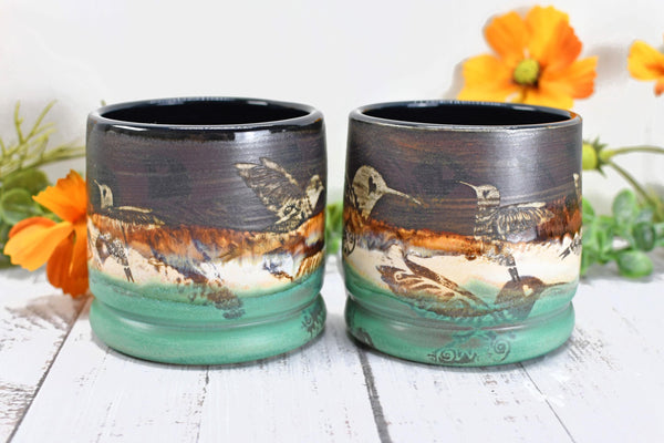 Hummingbird Bronze Tan Whiskey Bourbon Cup, Pottery Anniversary Handmade Ceramic Tumbler Bar Wine Gift, Black, Green, Bird Lover, per Each