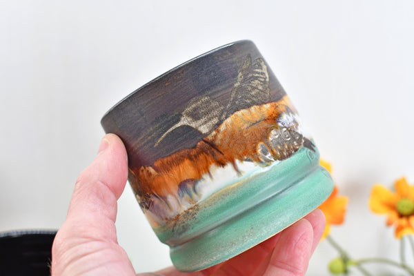 Hummingbird Bronze Tan Whiskey Bourbon Cup, Pottery Anniversary Handmade Ceramic Tumbler Bar Wine Gift, Black, Green, Bird Lover, per Each