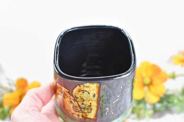 Sugar Skull Bronze Tan Whiskey Bourbon Cup, Pottery Anniversary Handmade Ceramic Tumbler Barware Wine Gift, Black, Green, Gothic Unique