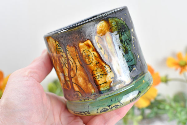 Sugar Skull Bronze Tan Whiskey Bourbon Cup, Pottery Anniversary Handmade Ceramic Tumbler Barware Wine Gift, Black, Green, Gothic Unique