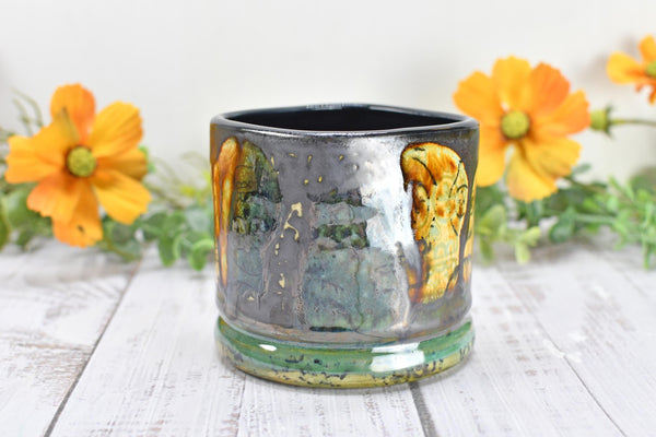 Sugar Skull Bronze Tan Whiskey Bourbon Cup, Pottery Anniversary Handmade Ceramic Tumbler Barware Wine Gift, Black, Green, Gothic Unique