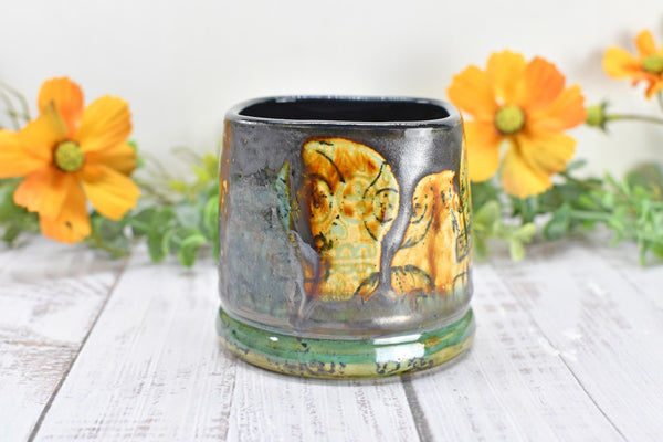 Sugar Skull Bronze Tan Whiskey Bourbon Cup, Pottery Anniversary Handmade Ceramic Tumbler Barware Wine Gift, Black, Green, Gothic Unique
