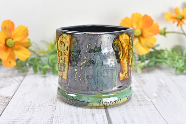 Sugar Skull Bronze Tan Whiskey Bourbon Cup, Pottery Anniversary Handmade Ceramic Tumbler Barware Wine Gift, Black, Green, Gothic Unique