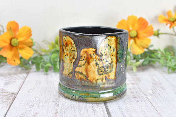 Sugar Skull Bronze Tan Whiskey Bourbon Cup, Pottery Anniversary Handmade Ceramic Tumbler Barware Wine Gift, Black, Green, Gothic Unique
