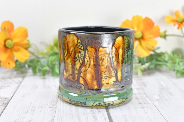 Sugar Skull Bronze Tan Whiskey Bourbon Cup, Pottery Anniversary Handmade Ceramic Tumbler Barware Wine Gift, Black, Green, Gothic Unique