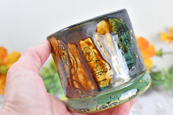 Sugar Skull Bronze Tan Whiskey Bourbon Cup, Pottery Anniversary Handmade Ceramic Tumbler Barware Wine Gift, Black, Green, Gothic Unique