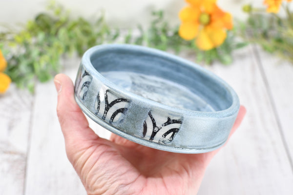 Raven Bird Ceramic Wine Drip Dish, Handmade Pottery, Medium Bowl for Spoon Rest or Soap Dish, Blue Gray Black