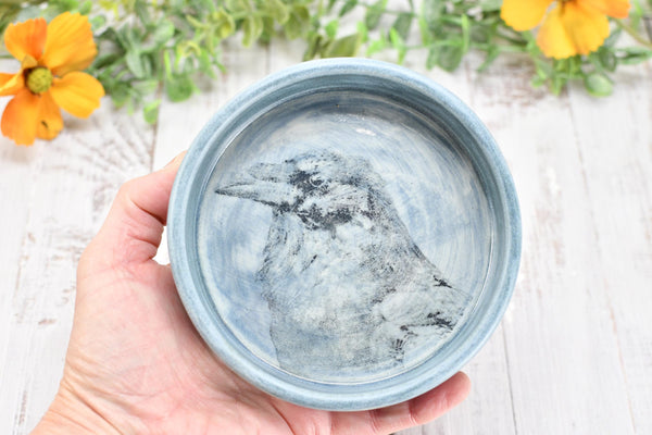 Raven Bird Ceramic Wine Drip Dish, Handmade Pottery, Medium Bowl for Spoon Rest or Soap Dish, Blue Gray Black