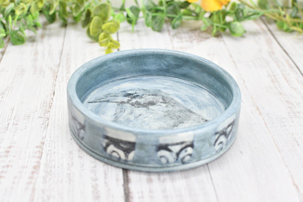 Raven Bird Ceramic Wine Drip Dish, Handmade Pottery, Medium Bowl for Spoon Rest or Soap Dish, Blue Gray Black