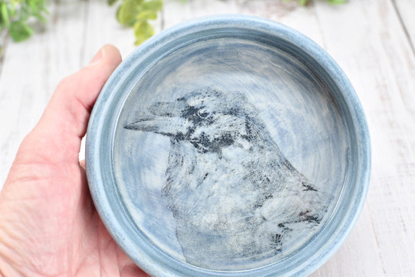 Raven Bird Ceramic Wine Drip Dish, Handmade Pottery, Medium Bowl for Spoon Rest or Soap Dish, Blue Gray Black