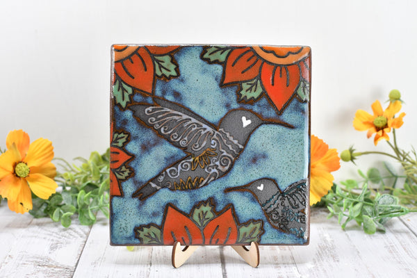 Hummingbird Ceramic Trivet Spoon Rest, Handmade Stoneware Pottery Gift in Blue, Orange, and Black