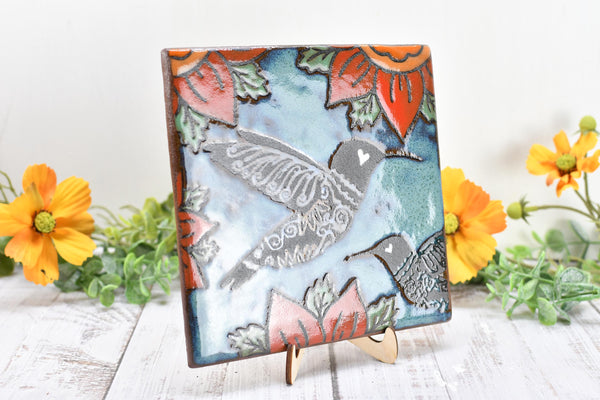 Hummingbird Ceramic Trivet Spoon Rest, Handmade Stoneware Pottery Gift in Blue, Orange, and Black