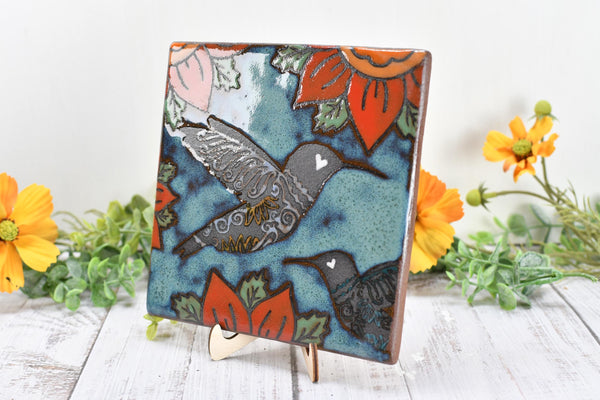 Hummingbird Ceramic Trivet Spoon Rest, Handmade Stoneware Pottery Gift in Blue, Orange, and Black