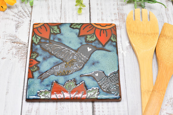Hummingbird Ceramic Trivet Spoon Rest, Handmade Stoneware Pottery Gift in Blue, Orange, and Black