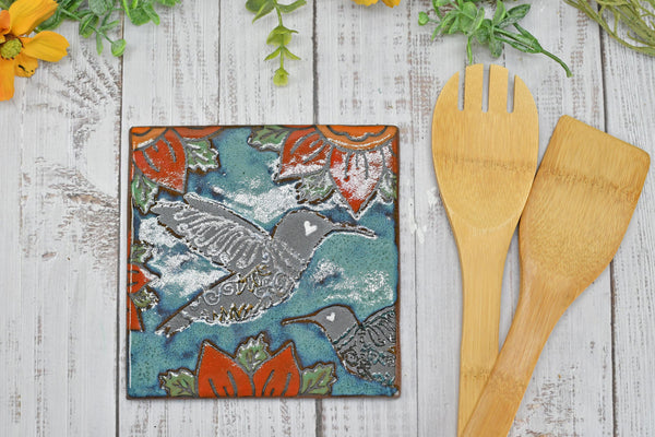 Hummingbird Ceramic Trivet Spoon Rest, Handmade Stoneware Pottery Gift in Blue, Orange, and Black