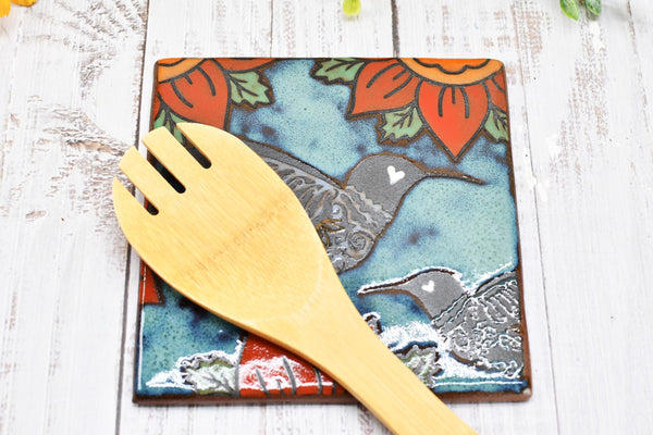 Hummingbird Ceramic Trivet Spoon Rest, Handmade Stoneware Pottery Gift in Blue, Orange, and Black