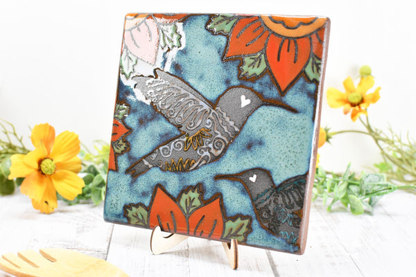 Hummingbird Ceramic Trivet Spoon Rest, Handmade Stoneware Pottery Gift in Blue, Orange, and Black