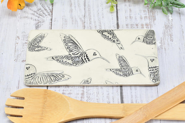 Hummingbird Ceramic Flat Spoon Rest, Handmade Stoneware Pottery Gift in Black and White