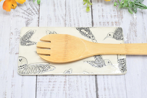 Hummingbird Ceramic Flat Spoon Rest, Handmade Stoneware Pottery Gift in Black and White