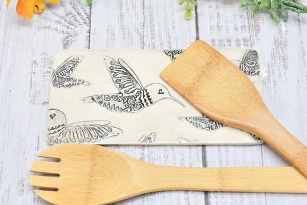Hummingbird Ceramic Flat Spoon Rest, Handmade Stoneware Pottery Gift in Black and White
