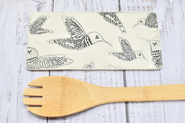 Hummingbird Ceramic Flat Spoon Rest, Handmade Stoneware Pottery Gift in Black and White