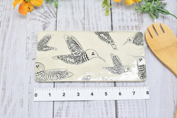 Hummingbird Ceramic Flat Spoon Rest, Handmade Stoneware Pottery Gift in Black and White