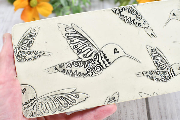 Hummingbird Ceramic Flat Spoon Rest, Handmade Stoneware Pottery Gift in Black and White