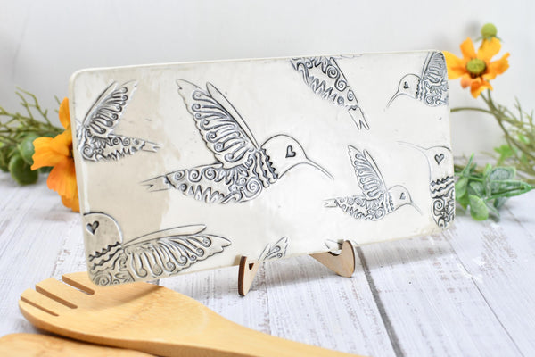 Hummingbird Ceramic Flat Spoon Rest, Handmade Stoneware Pottery Gift in Black and White