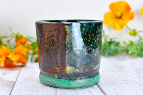Sugar Skull Bronze Whiskey Bourbon Cup, Pottery Anniversary Handmade Ceramic Tumbler Barware Wine Gift, Blue, Black, Green, Gothic Unique