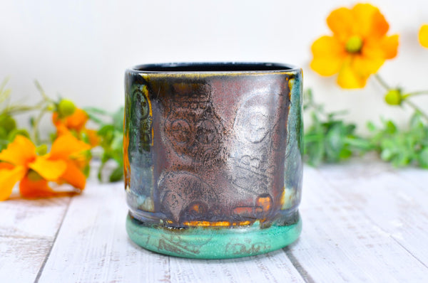 Sugar Skull Bronze Whiskey Bourbon Cup, Pottery Anniversary Handmade Ceramic Tumbler Barware Wine Gift, Blue, Black, Green, Gothic Unique