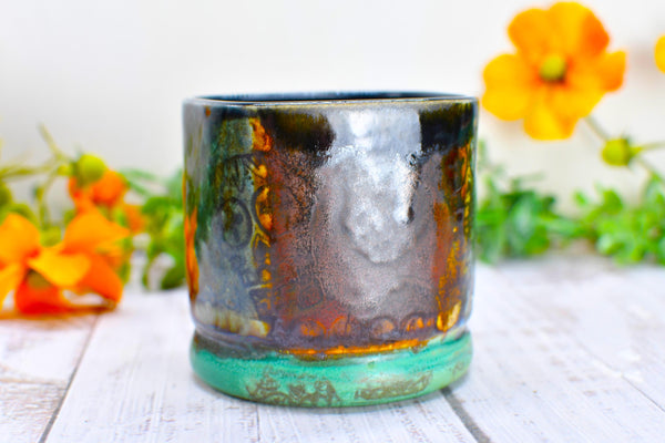 Sugar Skull Bronze Whiskey Bourbon Cup, Pottery Anniversary Handmade Ceramic Tumbler Barware Wine Gift, Blue, Black, Green, Gothic Unique
