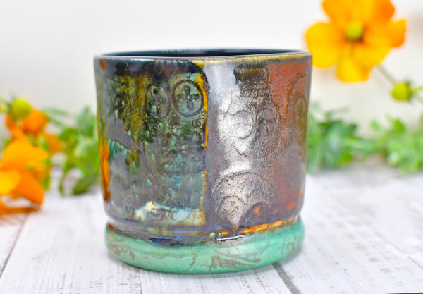 Sugar Skull Bronze Whiskey Bourbon Cup, Pottery Anniversary Handmade Ceramic Tumbler Barware Wine Gift, Blue, Black, Green, Gothic Unique