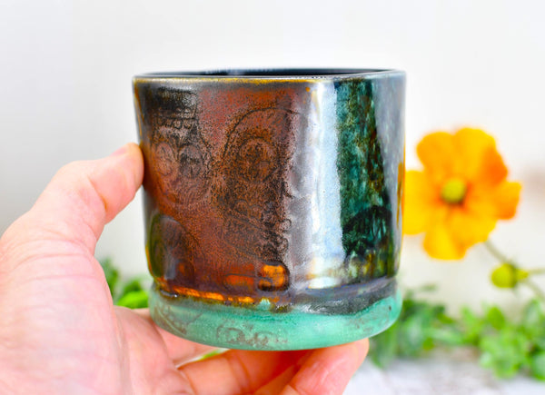 Sugar Skull Bronze Whiskey Bourbon Cup, Pottery Anniversary Handmade Ceramic Tumbler Barware Wine Gift, Blue, Black, Green, Gothic Unique