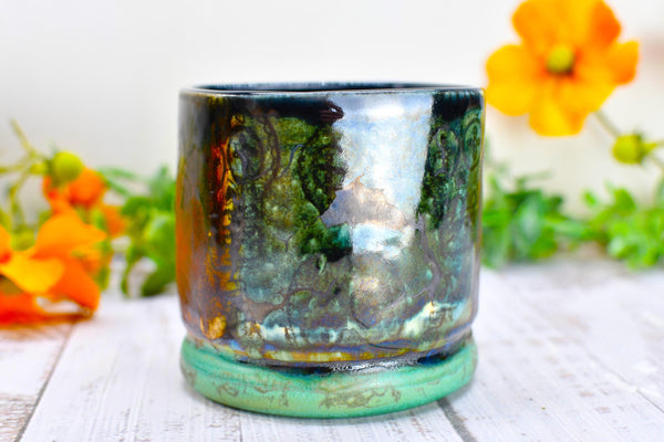 Sugar Skull Bronze Whiskey Bourbon Cup, Pottery Anniversary Handmade Ceramic Tumbler Barware Wine Gift, Blue, Black, Green, Gothic Unique
