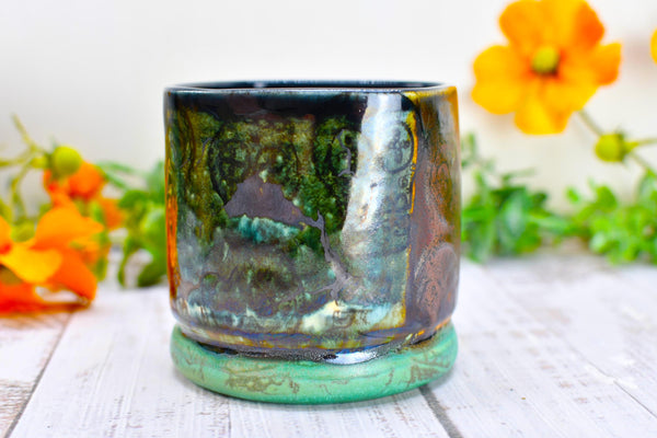Sugar Skull Bronze Whiskey Bourbon Cup, Pottery Anniversary Handmade Ceramic Tumbler Barware Wine Gift, Blue, Black, Green, Gothic Unique
