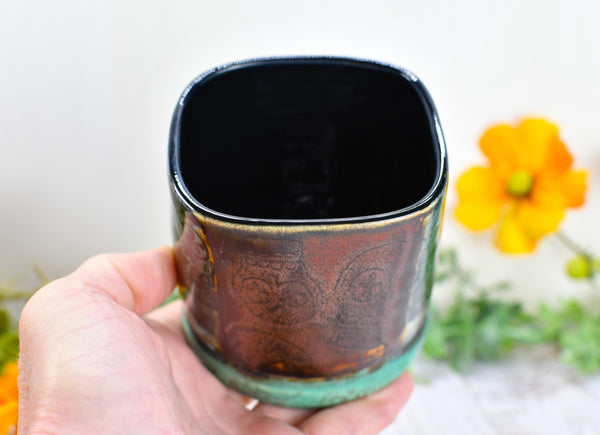 Sugar Skull Bronze Whiskey Bourbon Cup, Pottery Anniversary Handmade Ceramic Tumbler Barware Wine Gift, Blue, Black, Green, Gothic Unique