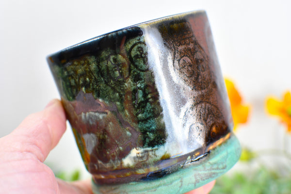Sugar Skull Bronze Whiskey Bourbon Cup, Pottery Anniversary Handmade Ceramic Tumbler Barware Wine Gift, Blue, Black, Green, Gothic Unique