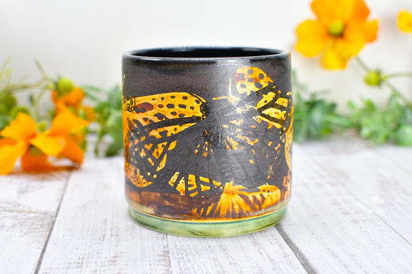 Butterfly Bronze Ceramic Cup for Wine, Whiskey, Bourbon, Pottery Anniversary Handmade Tumbler, Black, Green, Tan, Monarch Garden Lover Gift