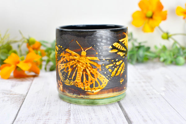 Butterfly Bronze Ceramic Cup for Wine, Whiskey, Bourbon, Pottery Anniversary Handmade Tumbler, Black, Green, Tan, Monarch Garden Lover Gift