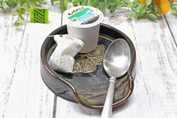Monarch Butterfly Ceramic Spoon Rest, Handmade Stoneware Pottery, Kitchen Stove Top Dining, Soap Dish, Wine Bottle Drip in Black and Gray